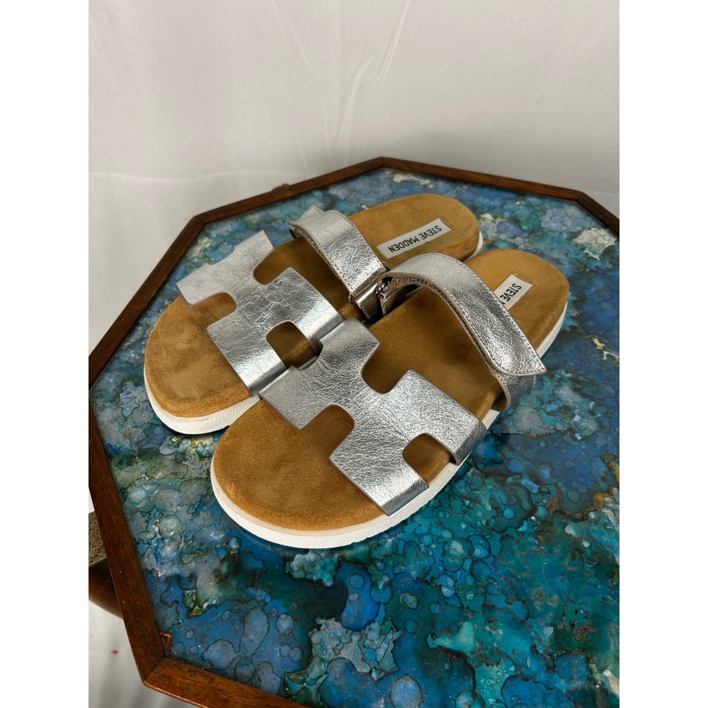 Steve Madden Silver H Slide Sandals Leather Footbed Women's 8.5